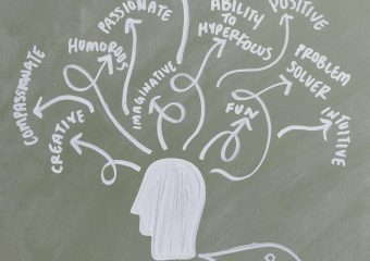 Chalkboard with a mind map illustrating ADHD superpowers like creativity and humor.